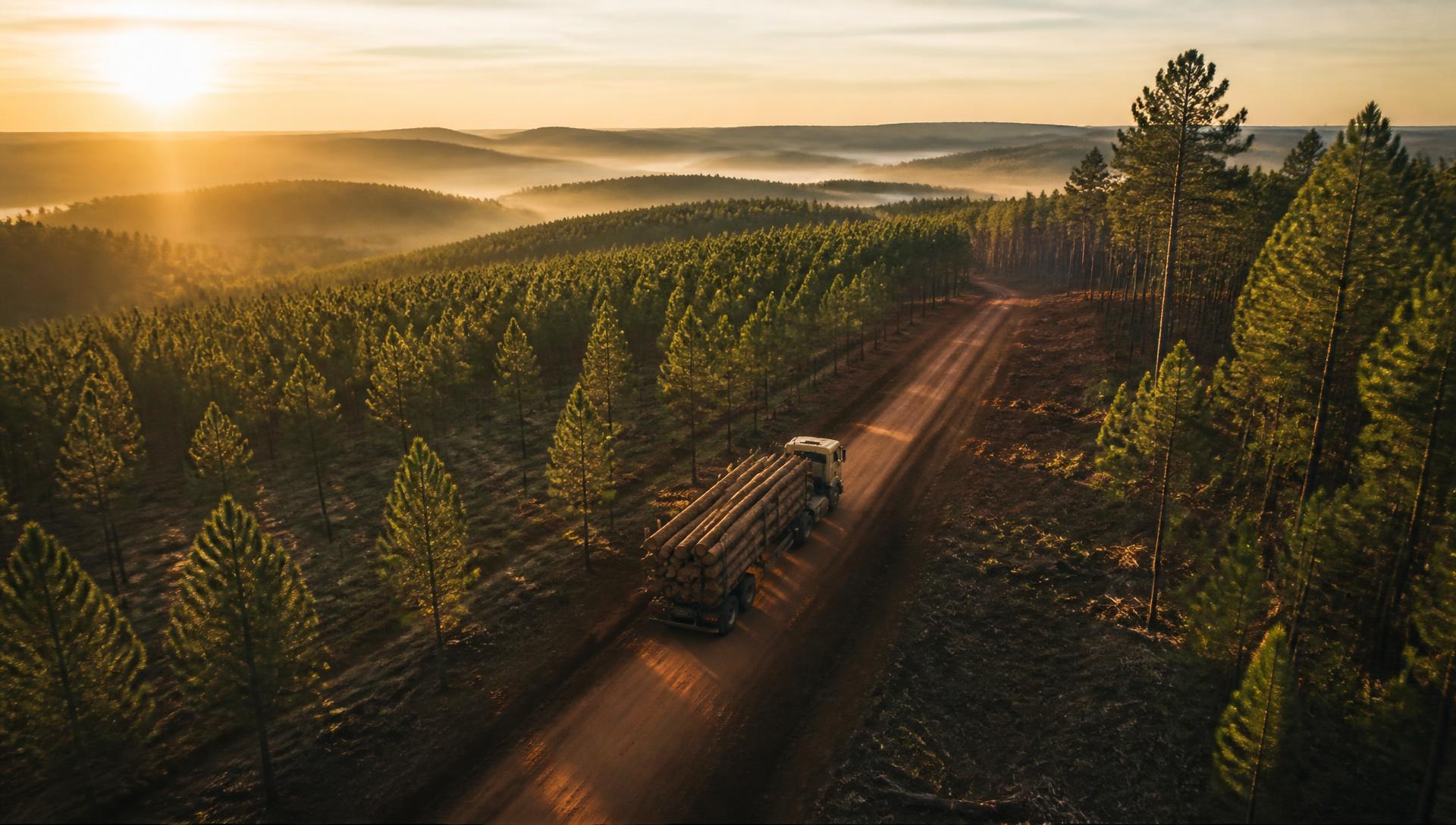Loaded log truck leaving a timber harvest landing at dawn